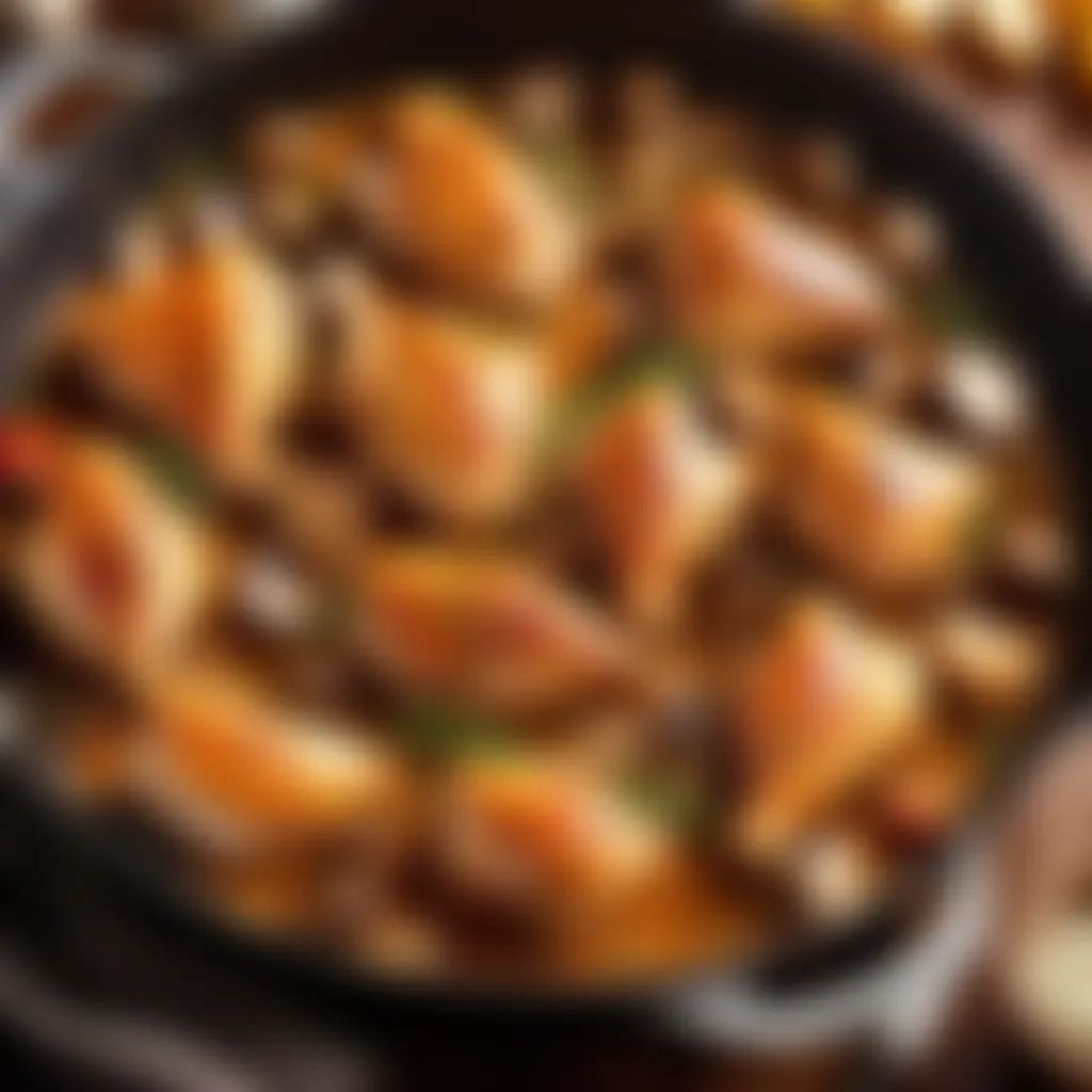 Sizzling chicken pieces in a skillet