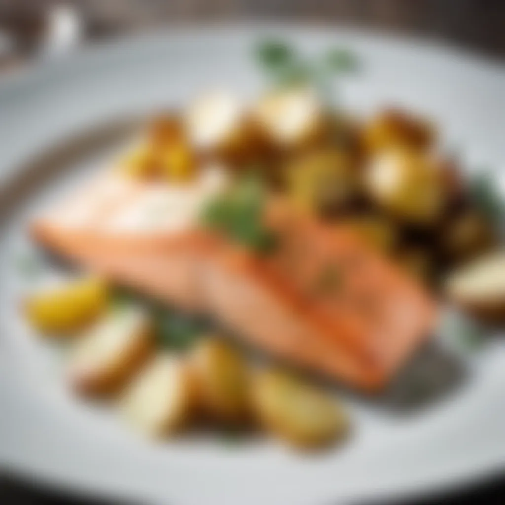 Plated salmon dish with a side of roasted potatoes