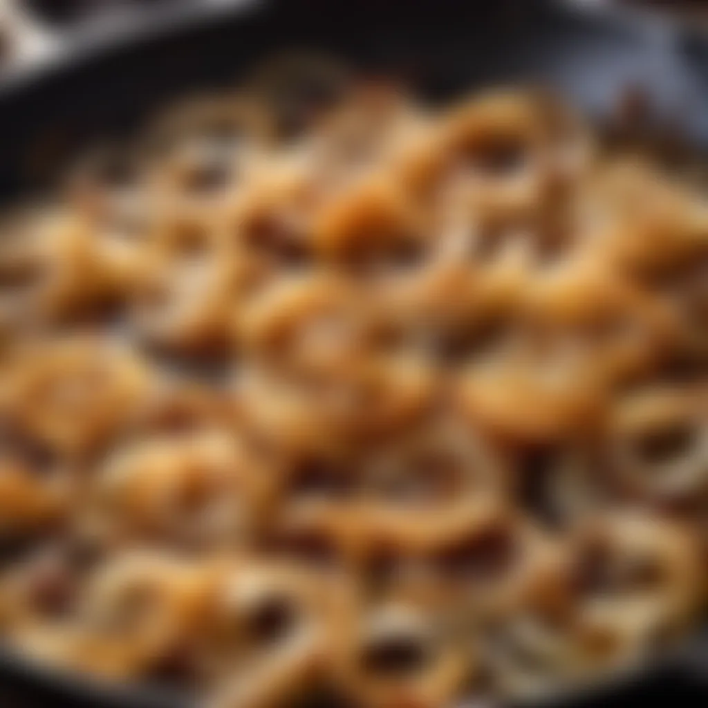 Sliced onions caramelizing on a hot skillet for sfincione topping