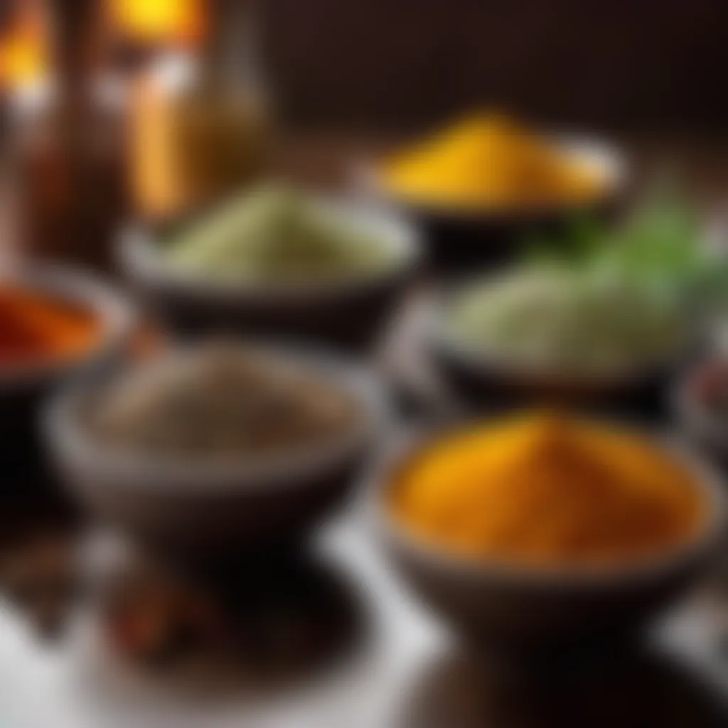 Spices and herbs in small bowls