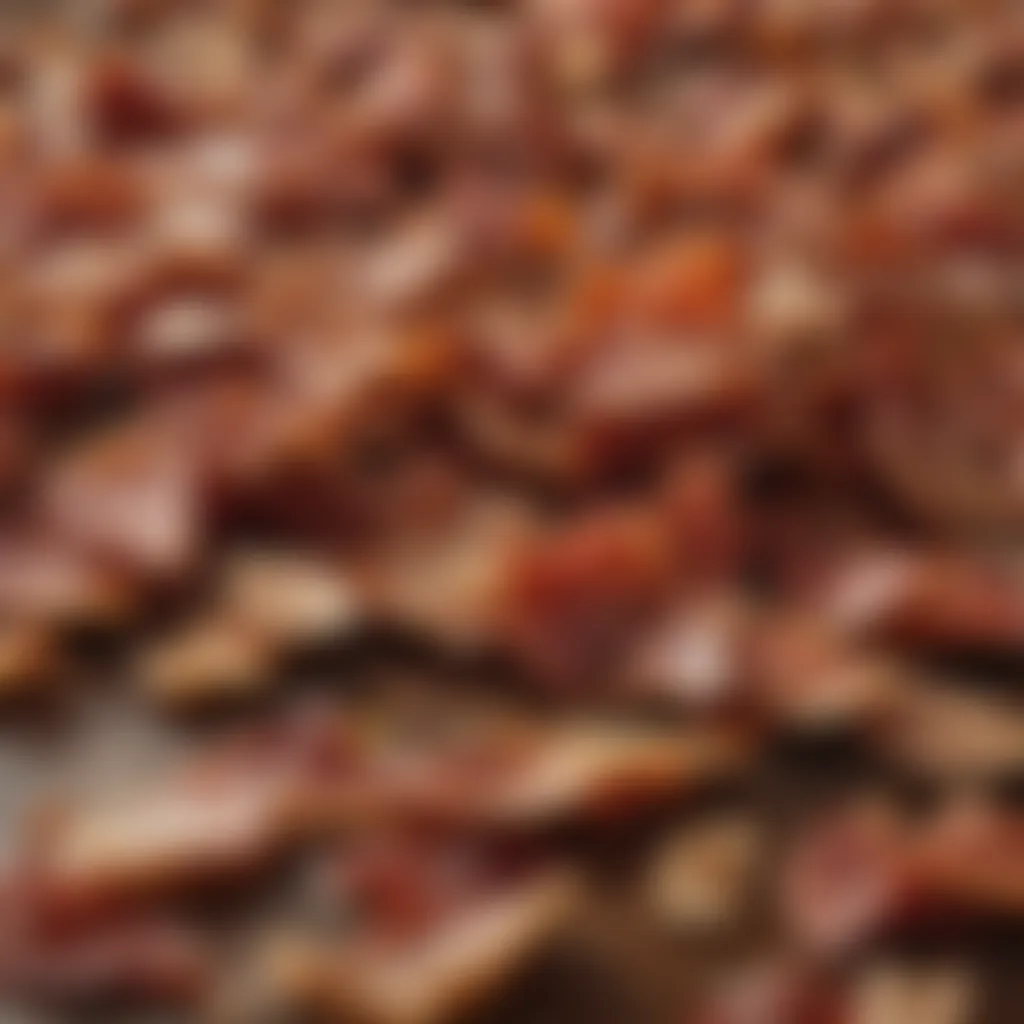 Close-up of dried bacon bits showcasing texture and color