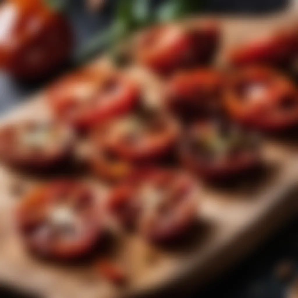 Dried tomatoes on a wooden cutting board