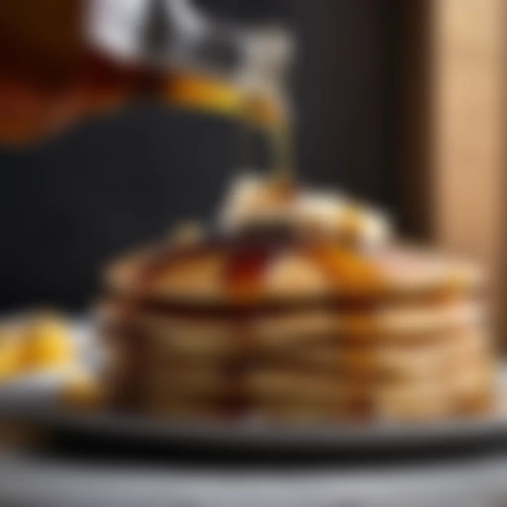 Drizzling luscious maple syrup on a stack of pancakes