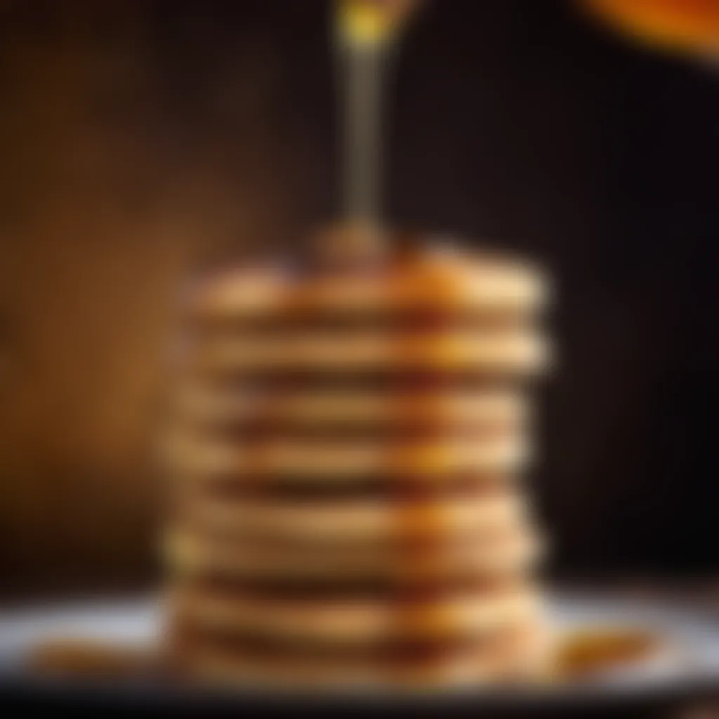 Close-up of golden syrup being drizzled over a stack of flapjacks