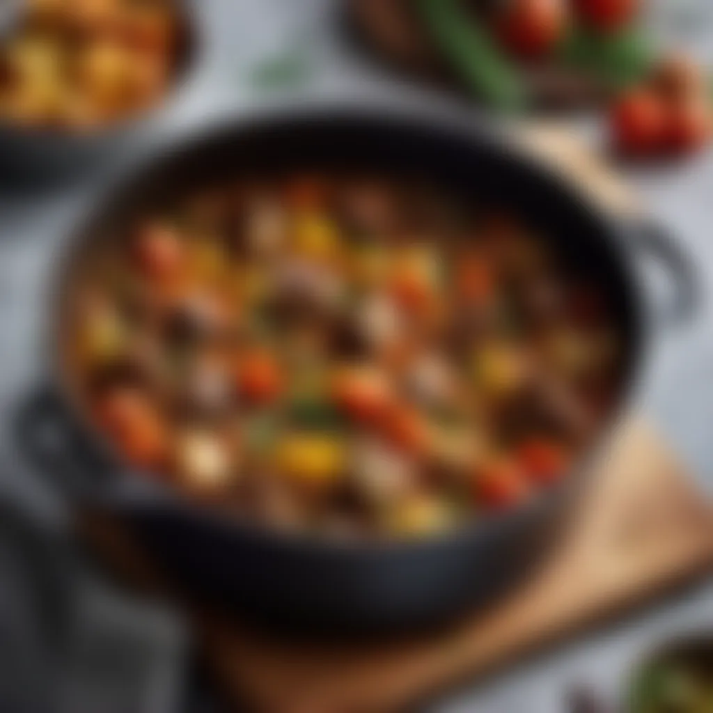 Savory Stew in a Dutch Oven Dutch oven filled with savory stew