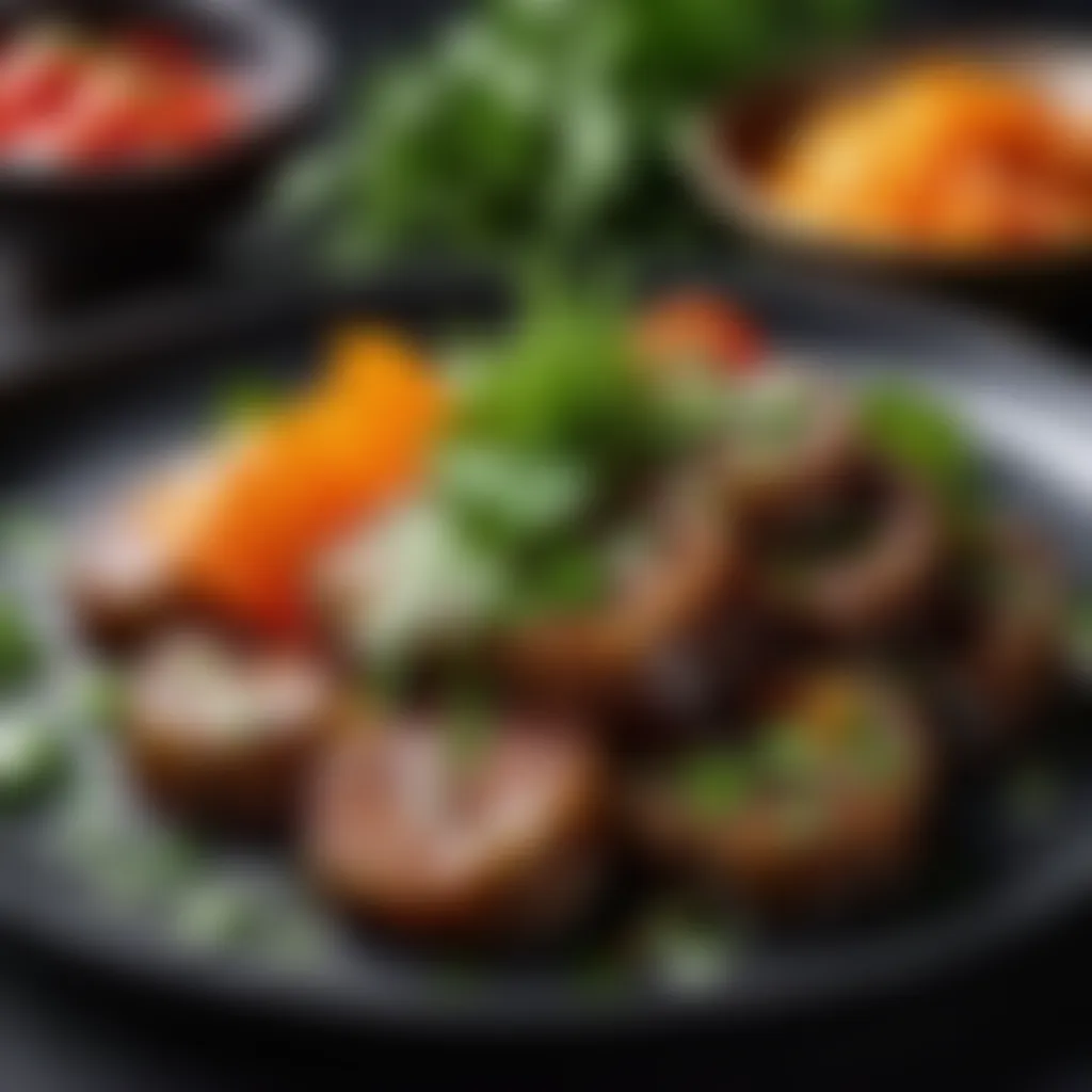 Close-up of Garnished Dwaejigogi A close-up of dwaejigogi garnished with fresh herbs