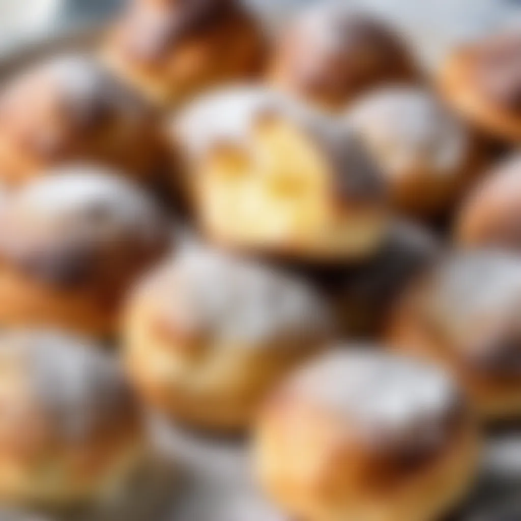 Cooked aebleskivers on a plate, sprinkled with powdered sugar