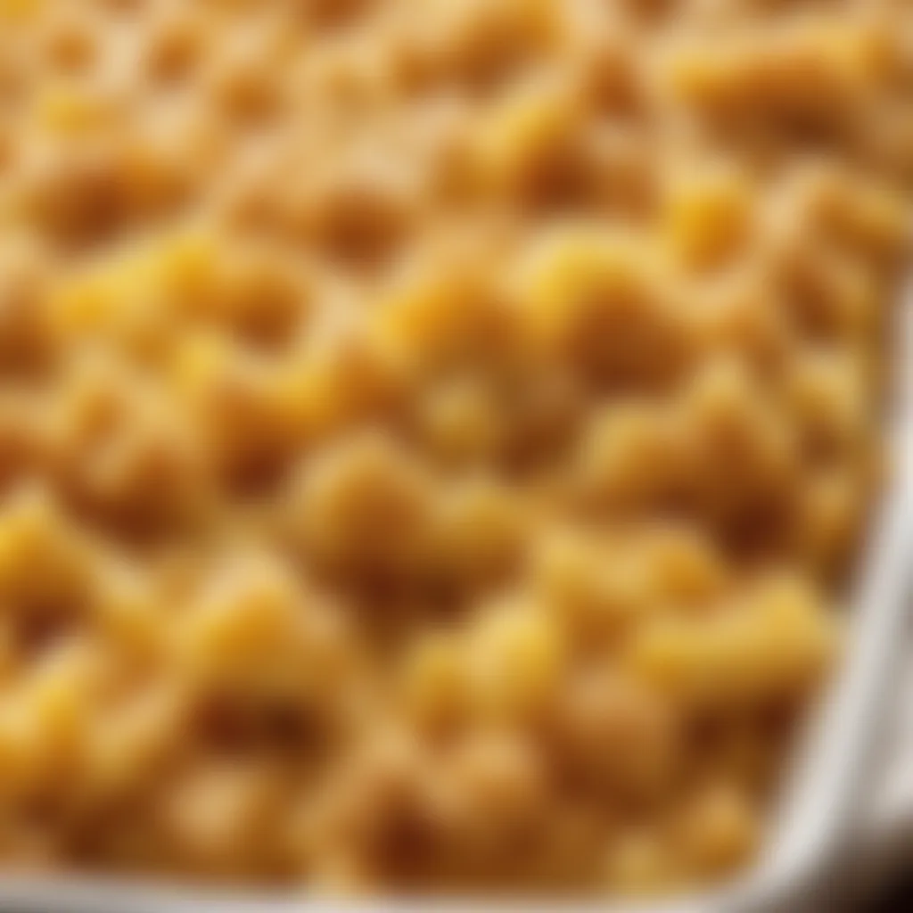 Close-up of breadcrumb topping on golden baked mac and cheese