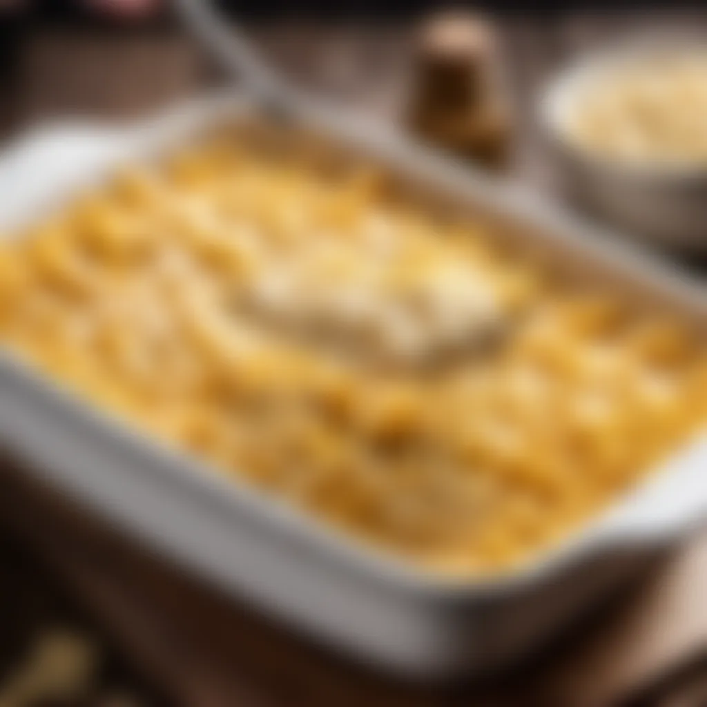 Creamy cheese sauce being drizzled over macaroni noodles in baking dish