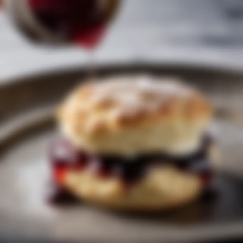 A close-up of a scone being spread with jam