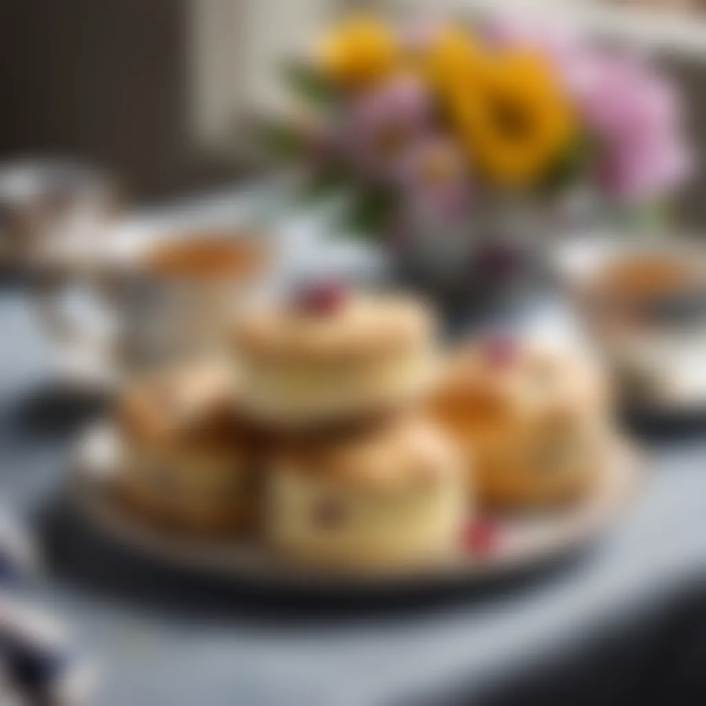 Scones served with a pot of tea and a floral teacup