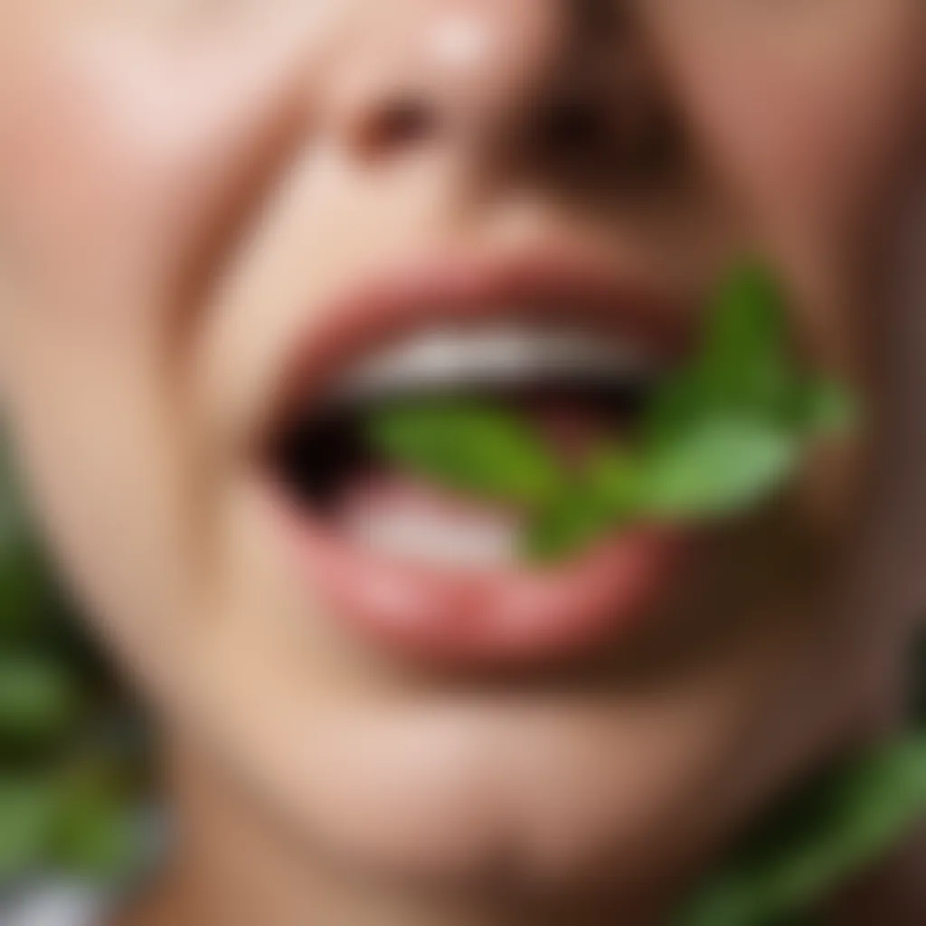 A close-up of a mouth with fresh mint leaves