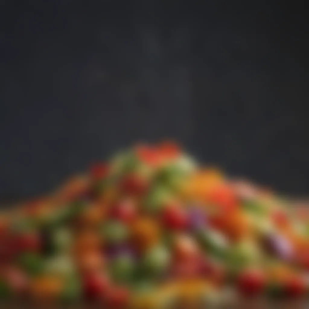 A close-up view of a finely chopped vegetable medley showcasing vibrant colors.