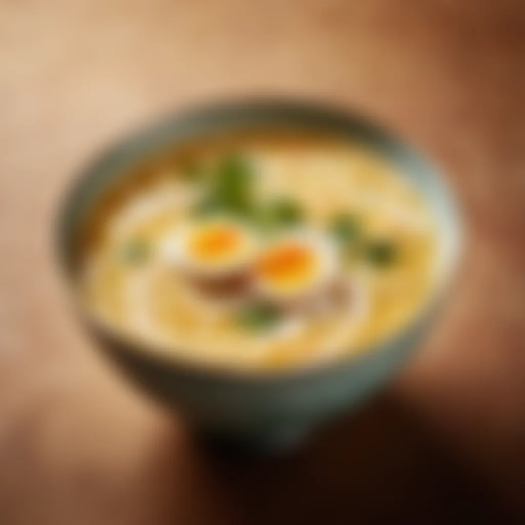 Golden broth with swirls of beaten eggs in a ceramic bowl