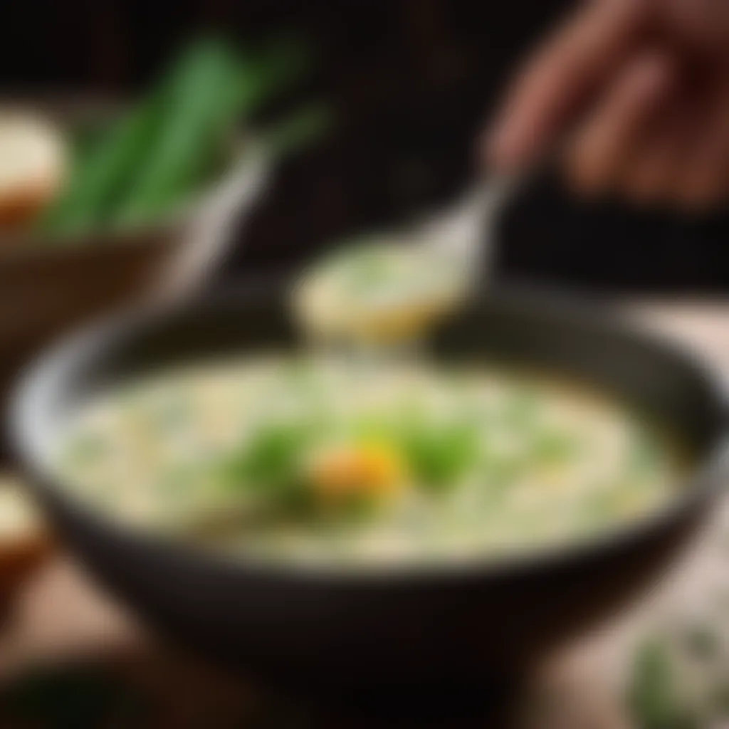 Garnishing egg drop soup with chopped chives in a rustic spoon