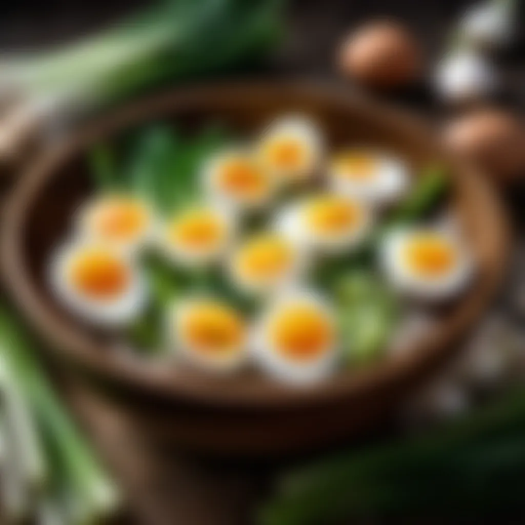 Farm-Fresh Eggs and Vibrant Spring Onions in Preparation Freshly cracked eggs in a wooden bowl with spring onions