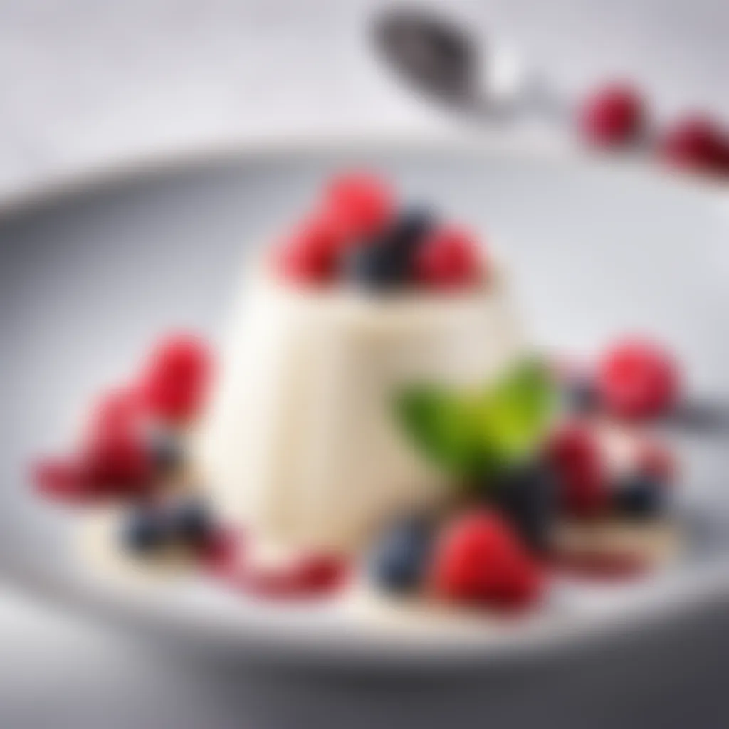 An elegant Actimel panna cotta topped with fresh berries and mint leaves