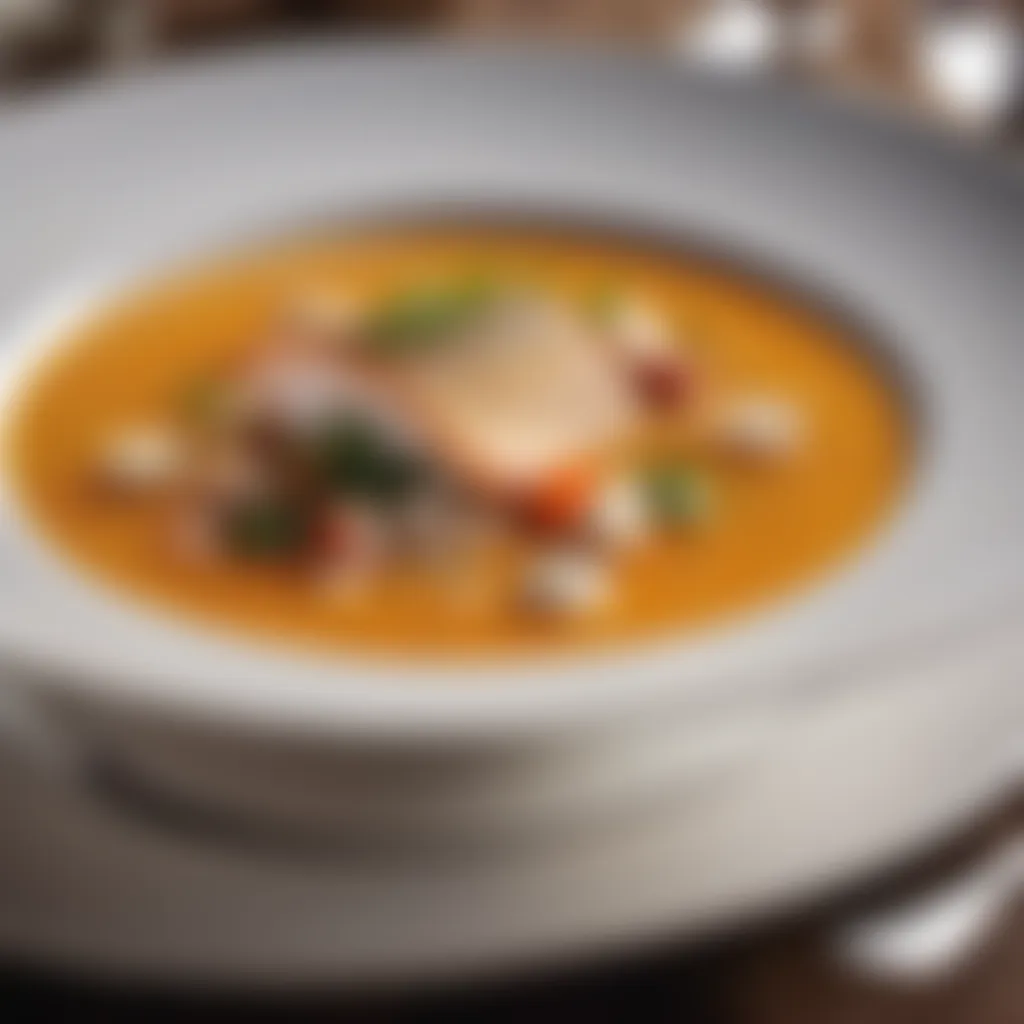 Elegant plating of Gordon Ramsay's fish soup