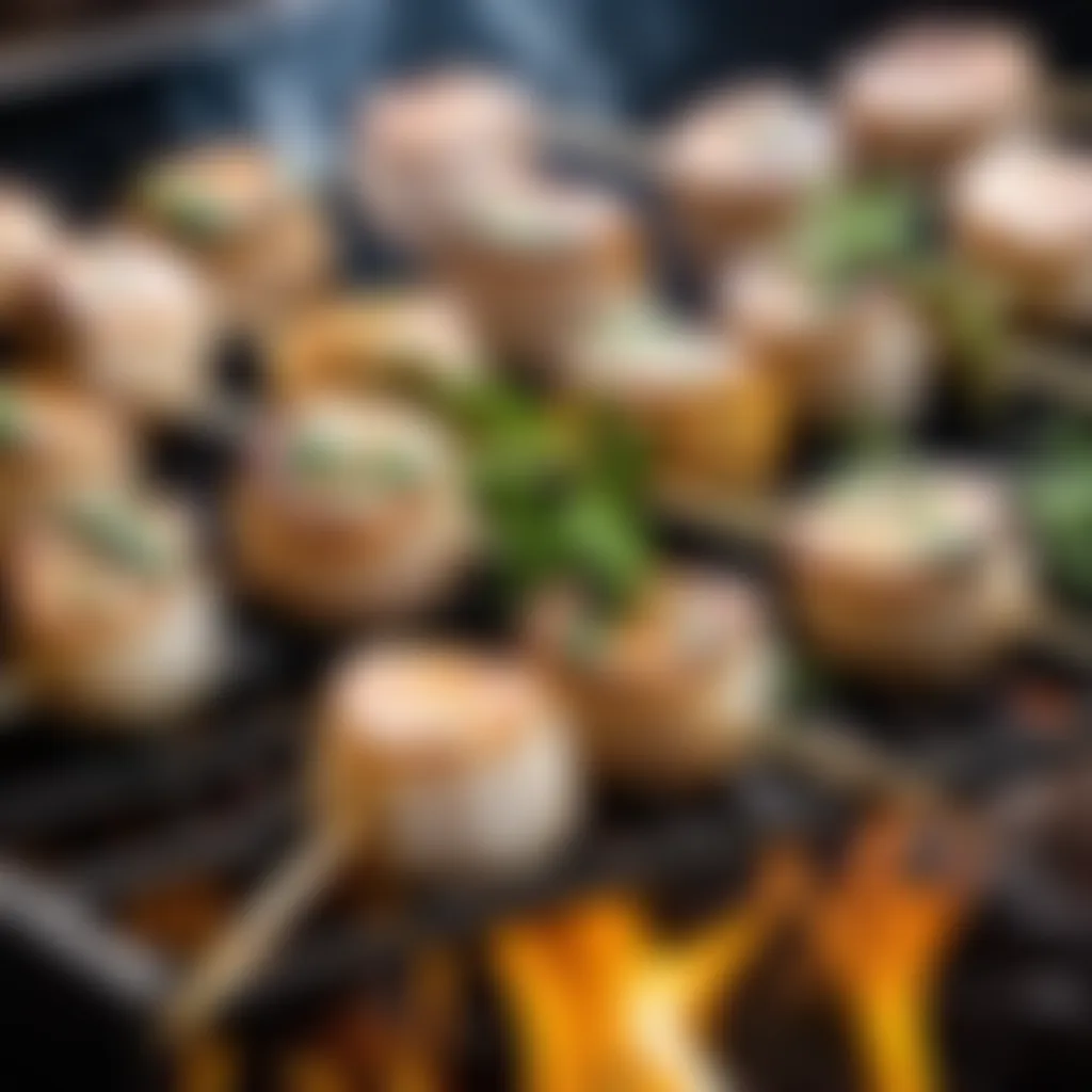 Scallop and herb skewers sizzling on grill