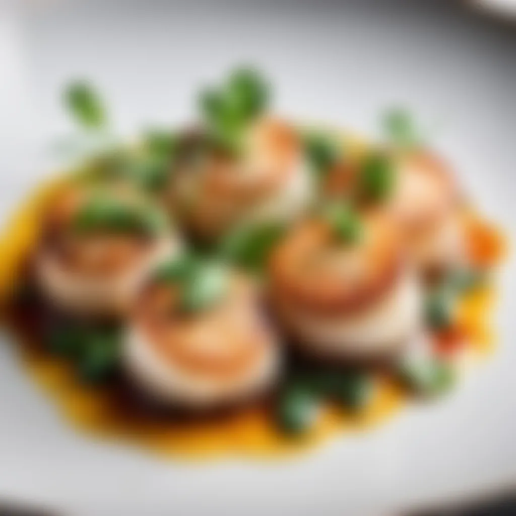 Exquisite plating of seared scallops with herb garnish