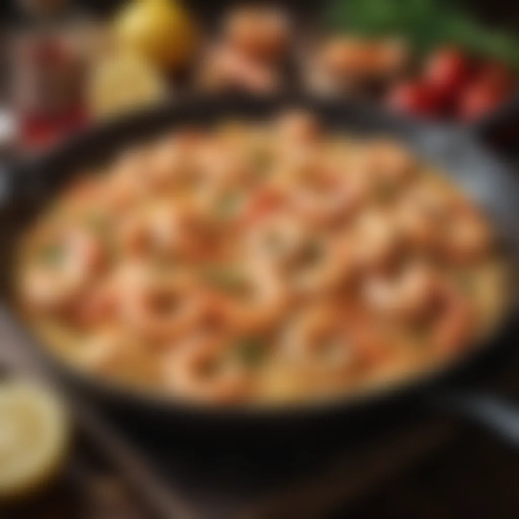 Captivating close-up of sizzling shrimp scampi in a seasoned skillet