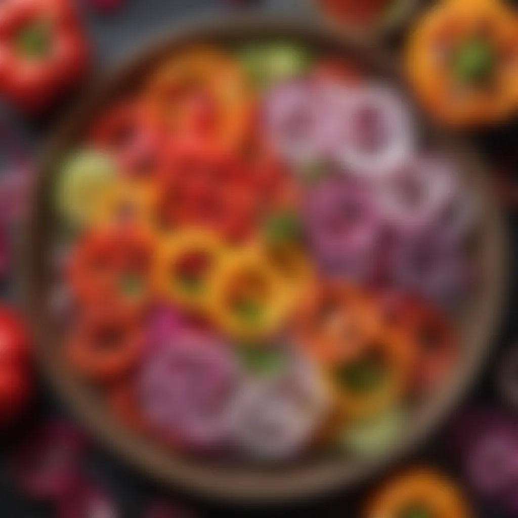 Vibrant Bell Peppers and Tangy Red Onions Colorful Bell Pepper Strips and Red Onion Rings