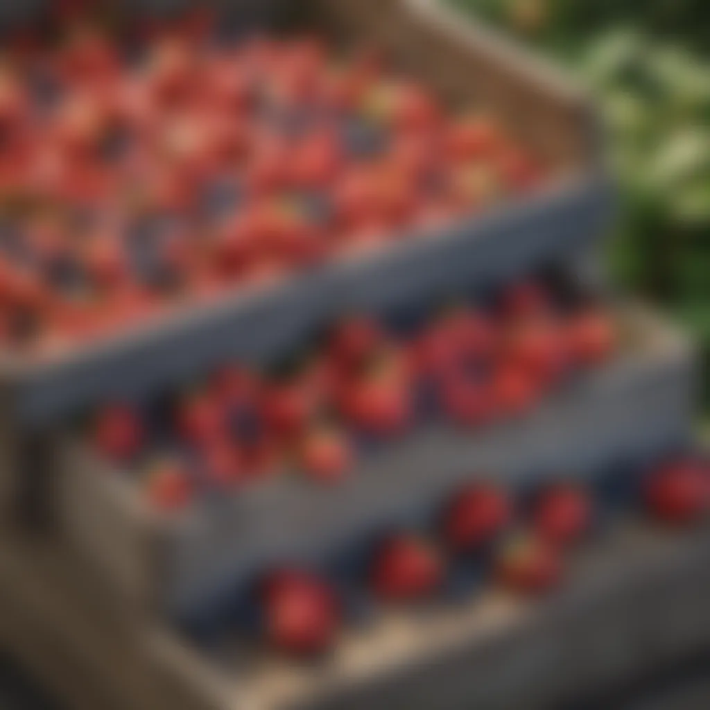 Colorful array of ripe strawberries and blueberries in a raised garden box