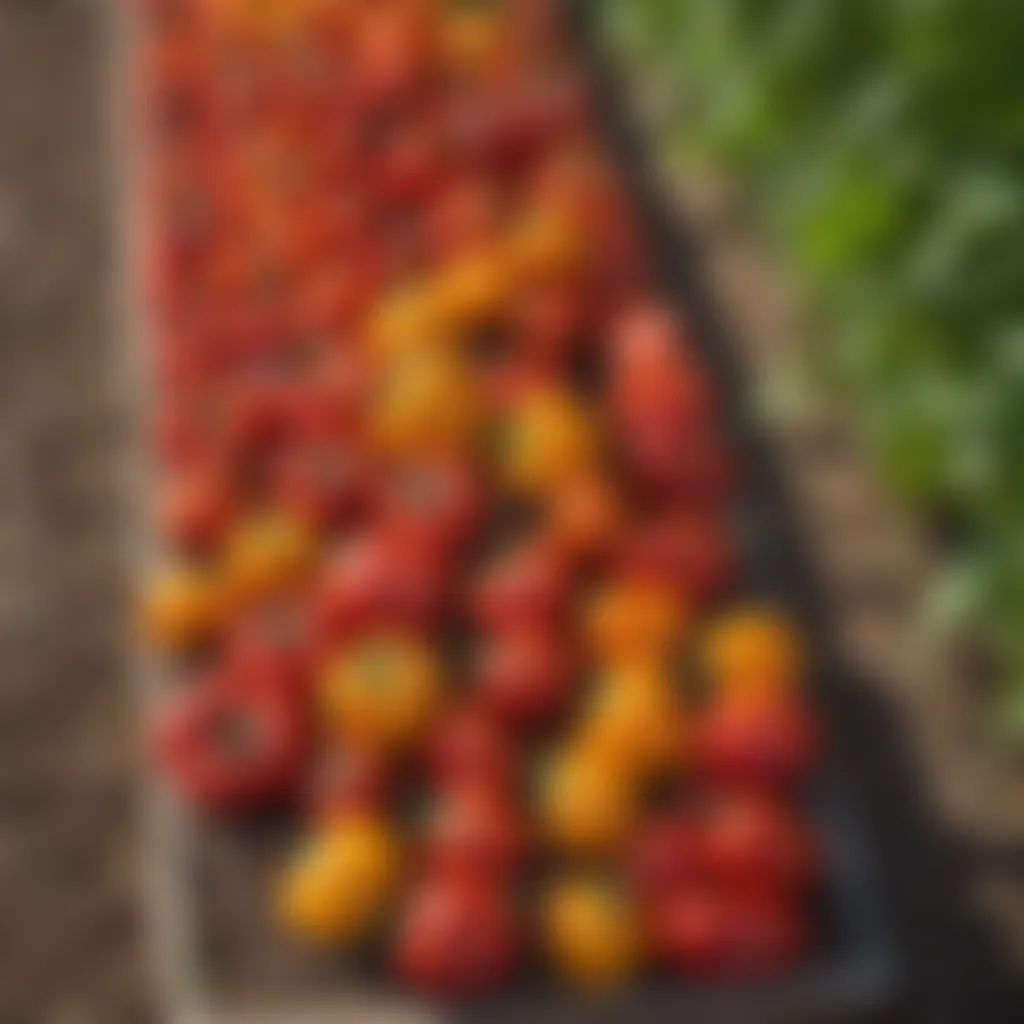 Vibrant rows of heirloom tomatoes and bell peppers in a sunny garden bed