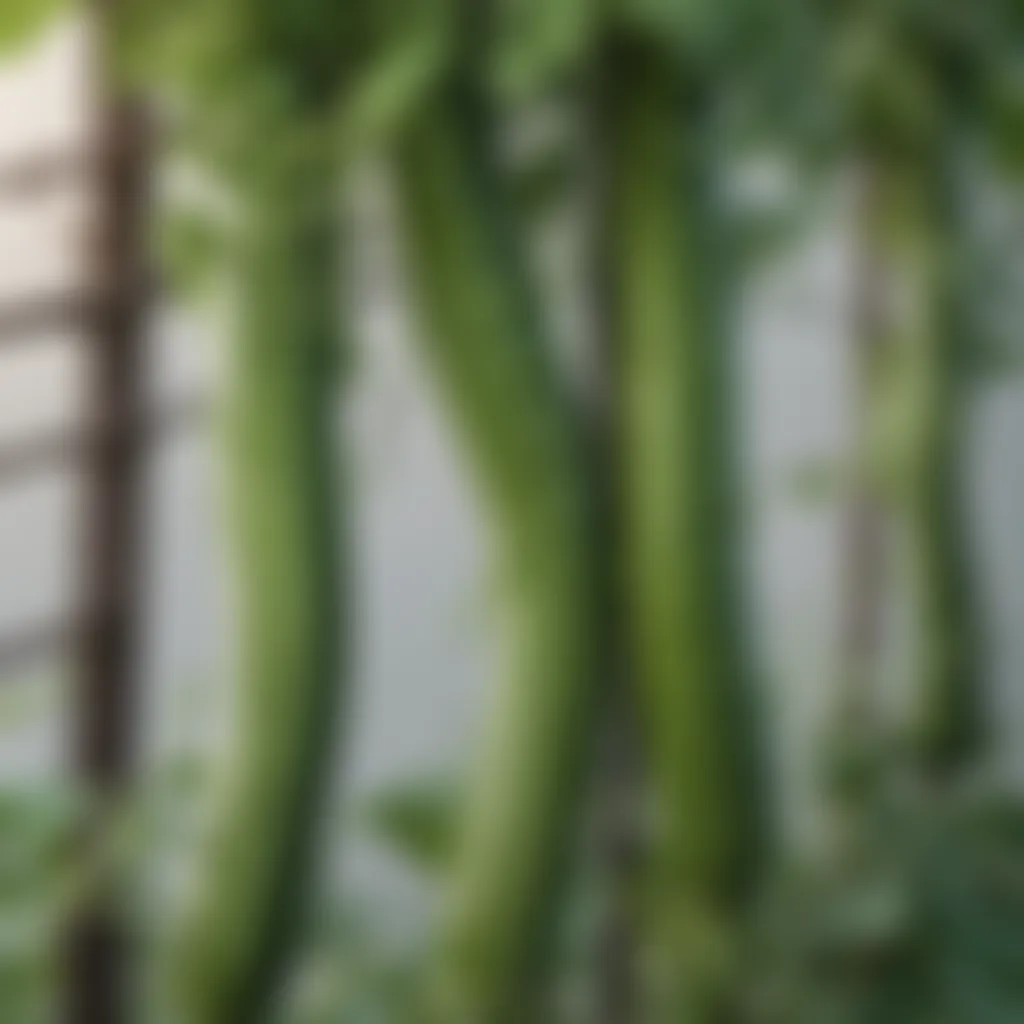 Close-up of thriving zucchini and cucumber vines intertwined on trellises