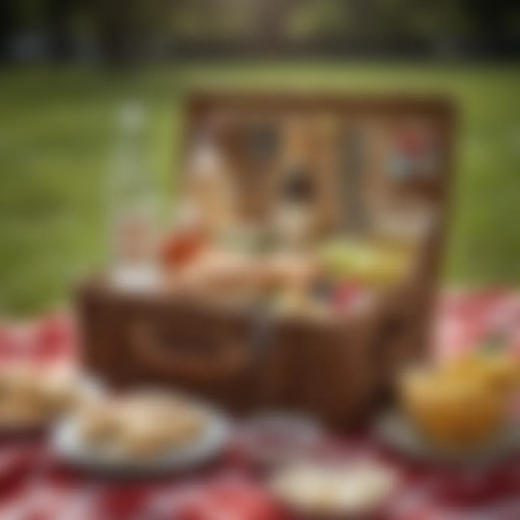 Sophisticated picnic arrangement featuring sparkling beverages and gourmet snacks