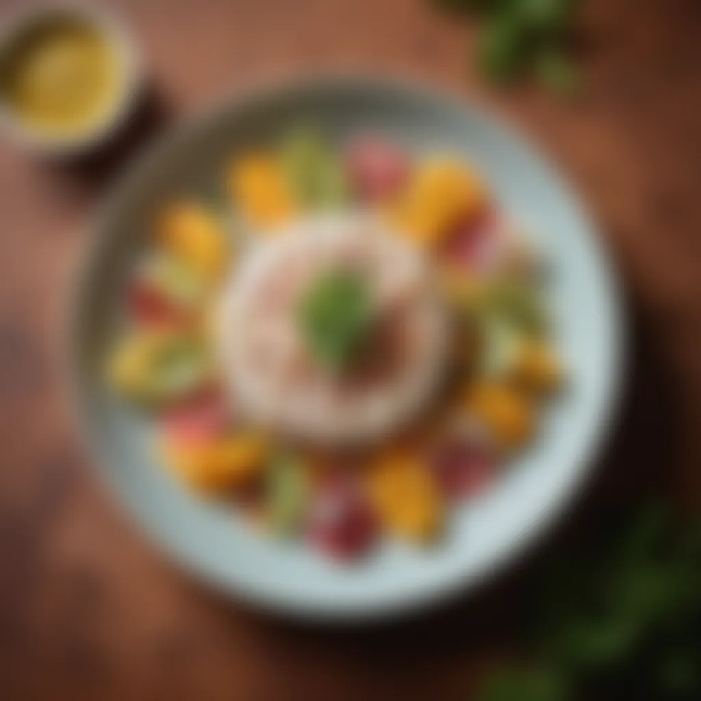 Bangus ceviche with tropical fruits Artfully arranged bangus ceviche with colorful tropical fruits