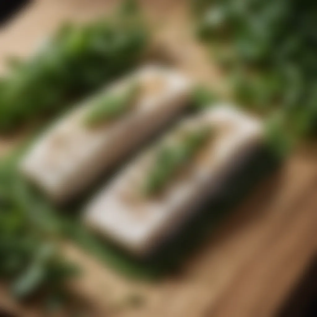 Herb-infused bangus fillets Delicate bangus fillets resting on a bed of fresh herbs