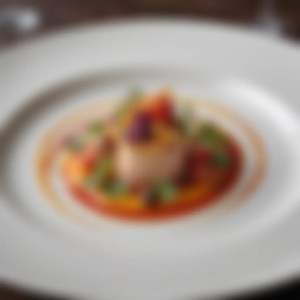 Artful Plating of a Gourmet Dish A gourmet dish artfully plated with vibrant ingredients and elegant garnishes