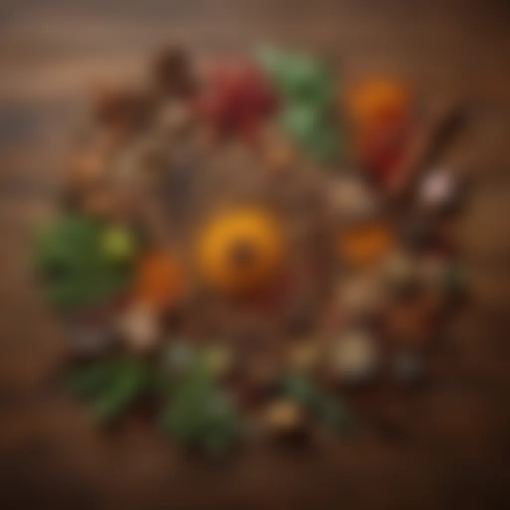 Artistic Arrangement of Spices and Herbs An array of colorful spices and herbs arranged artistically on a wooden surface