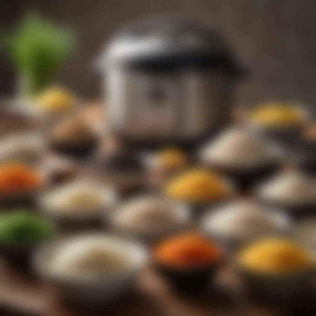 An assortment of rice varieties displayed next to a rice cooker.