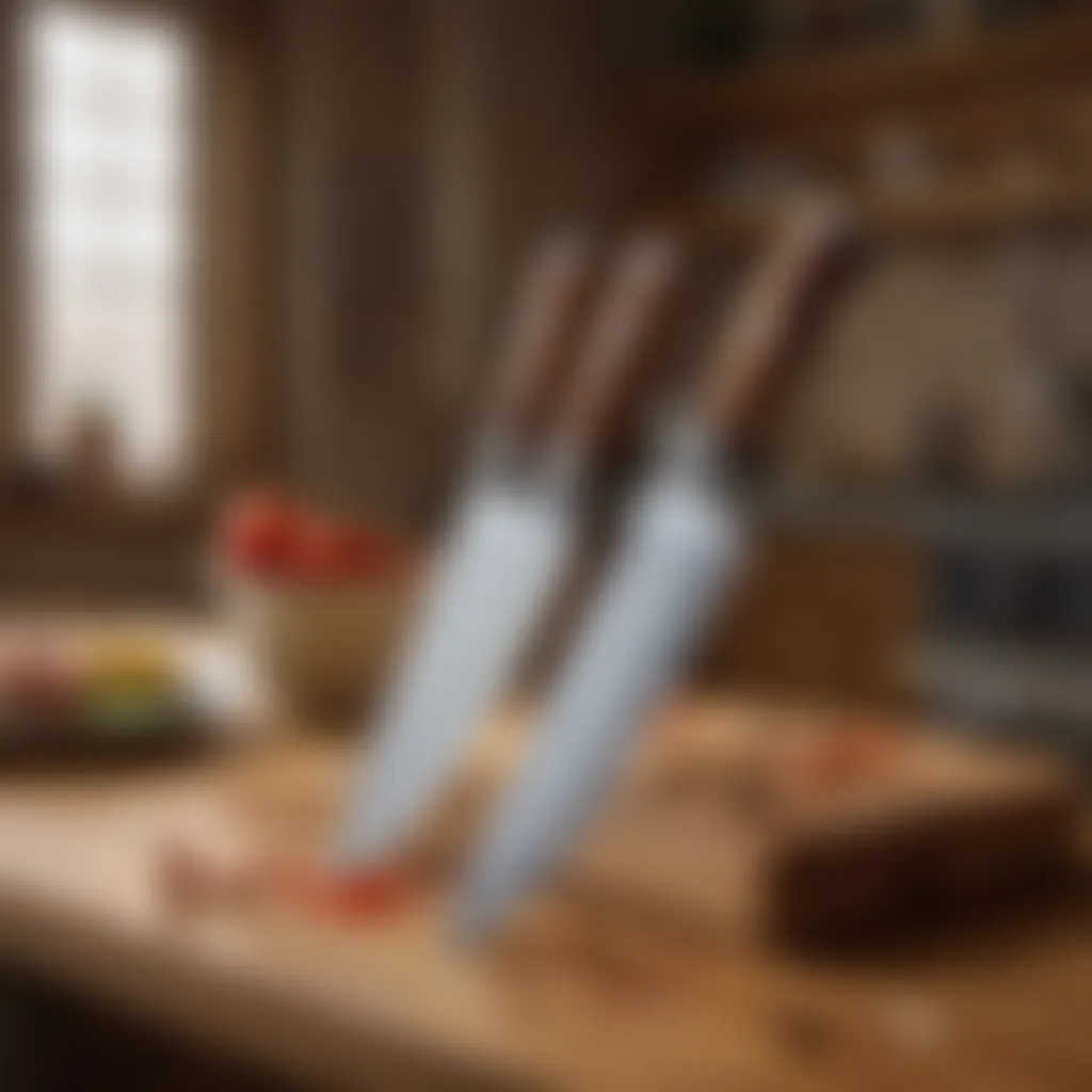 High-quality chef knives displayed on a wooden block.