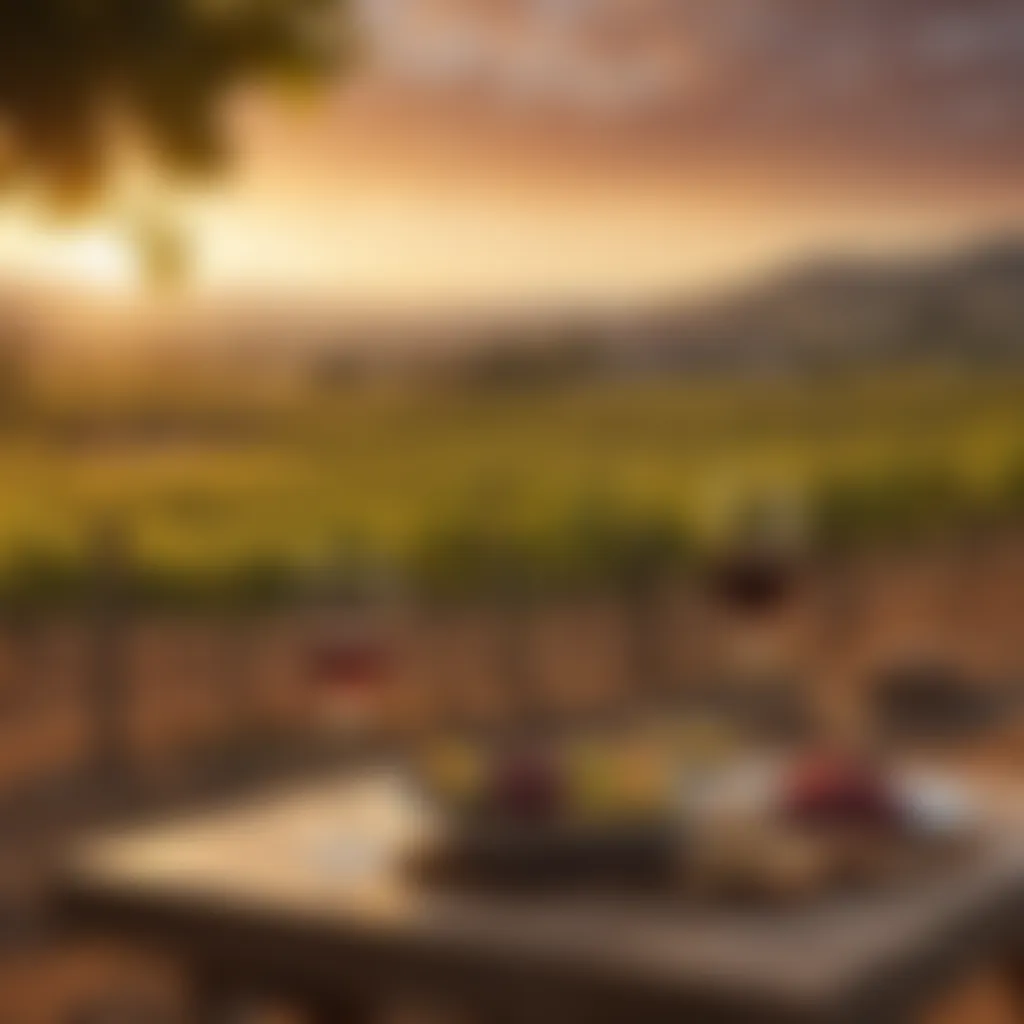 A vineyard landscape at sunset