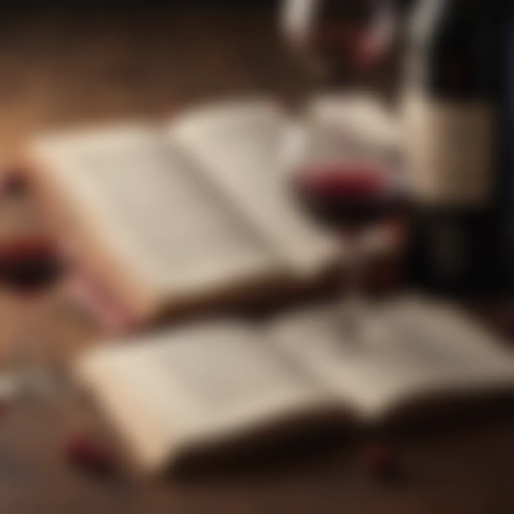 An open book with wine notes and a glass of red wine