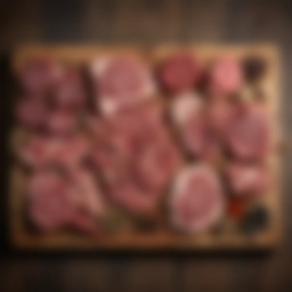 A diverse selection of essential meats displayed on a rustic wooden board