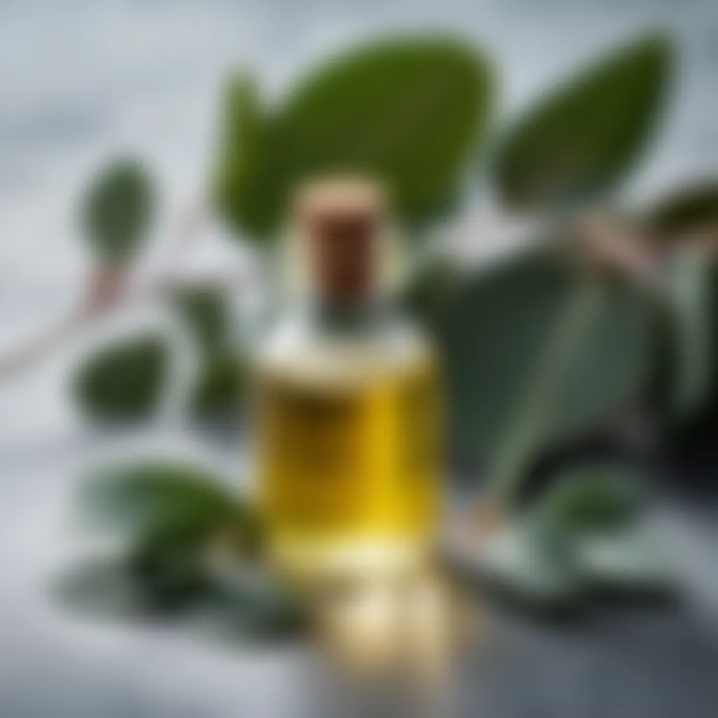 Eucalyptus oil bottle and eucalyptus leaves