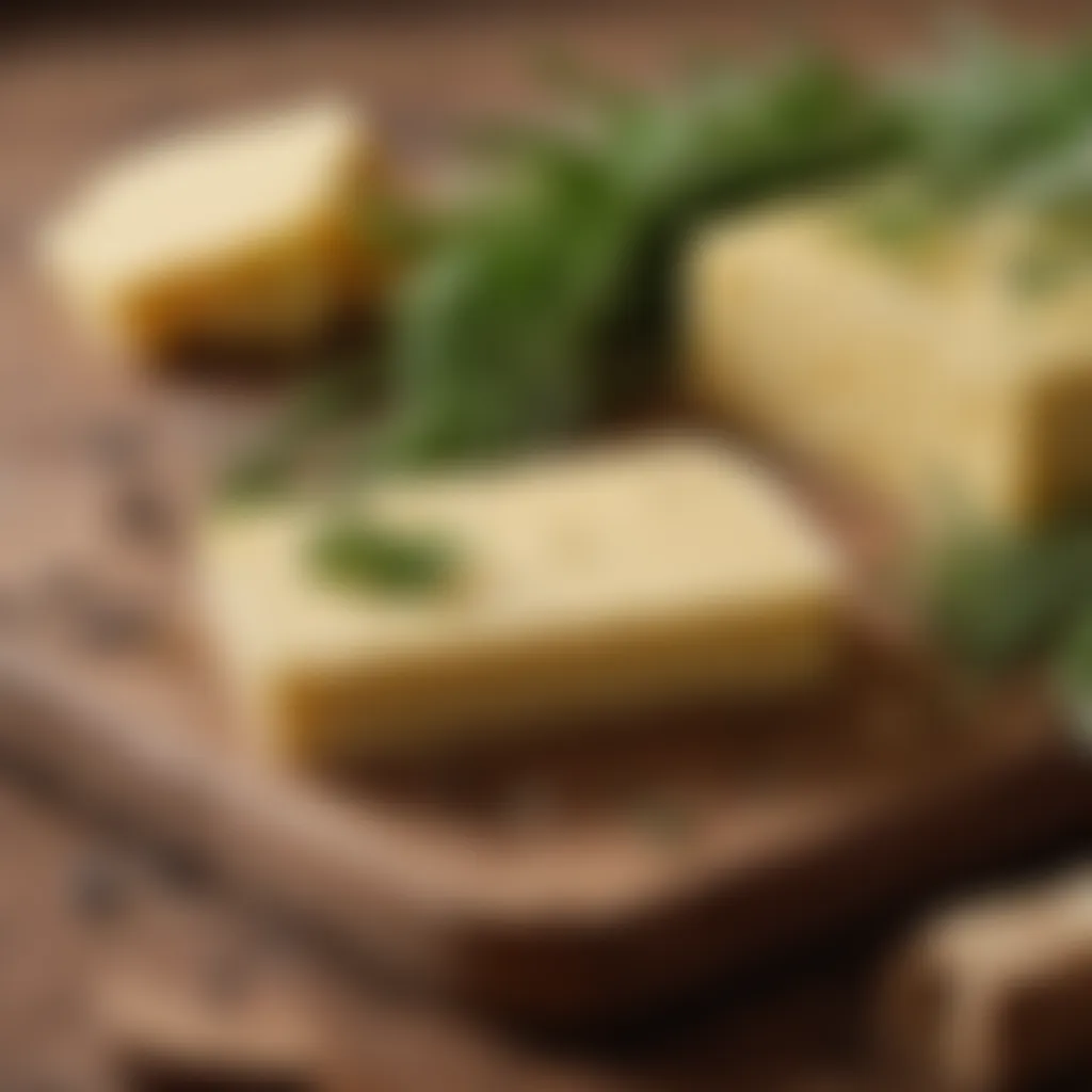 Close-up of butter on a wooden board with herbs