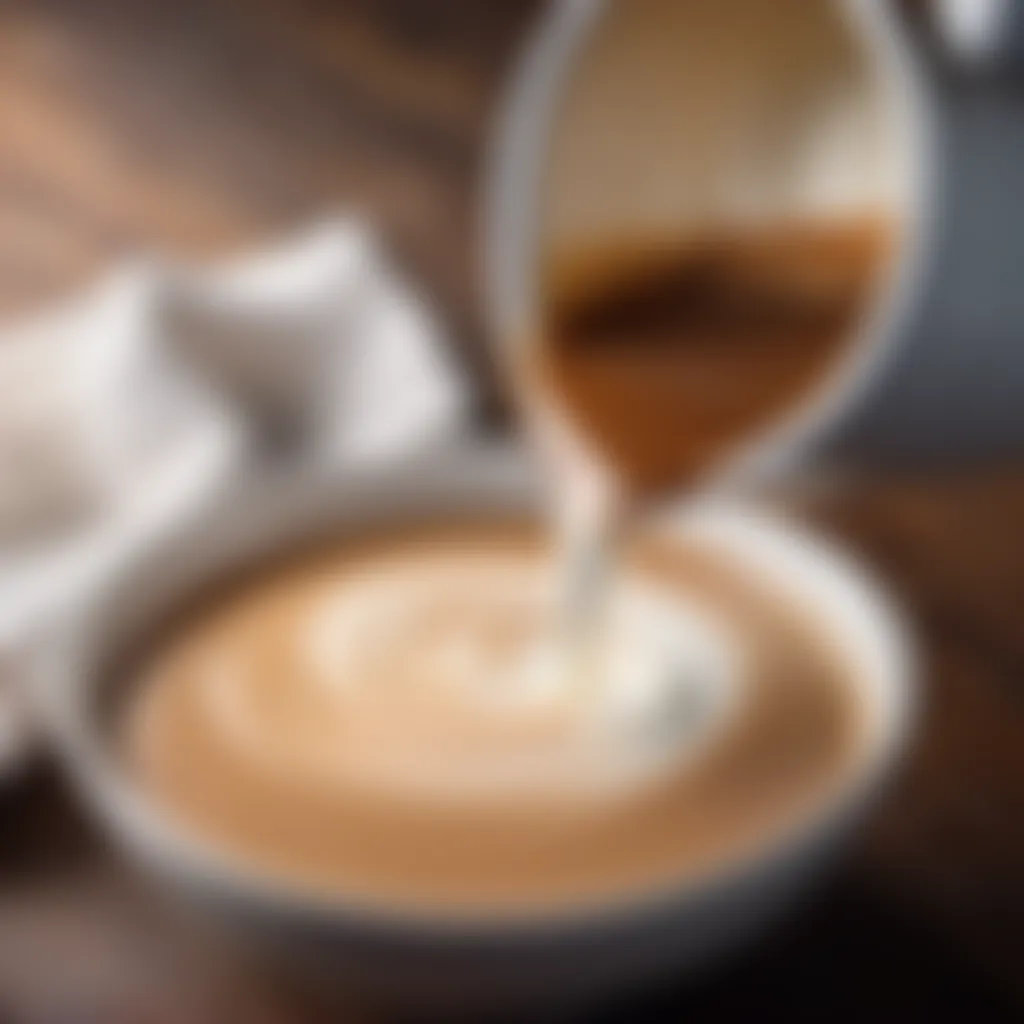 Evaporated milk being poured into a bowl of coffee