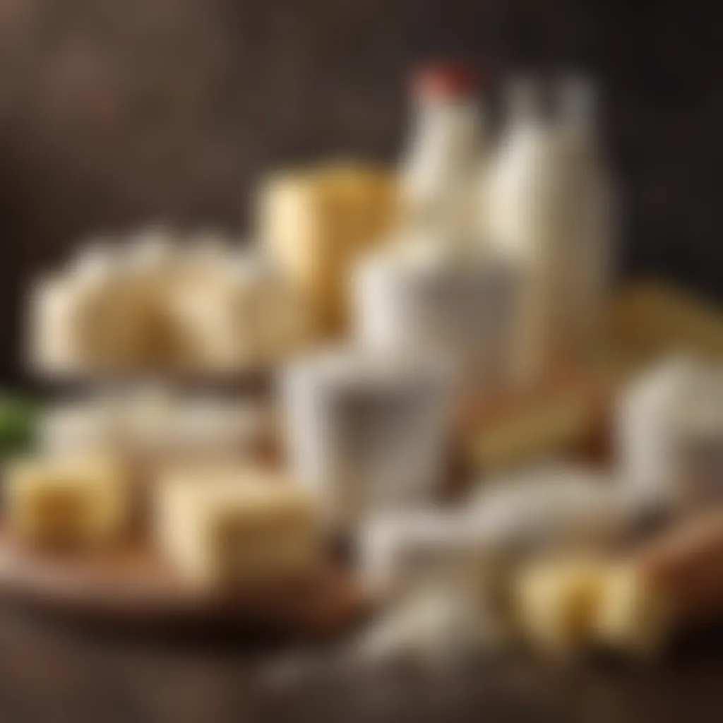 An array of dairy products including butter, cream, and cottage cheese