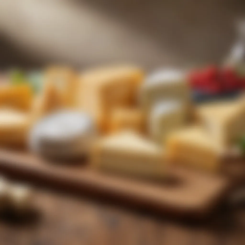 A variety of cheese displayed on a wooden board