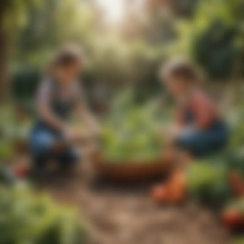 Kids planting and harvesting vegetables in a garden