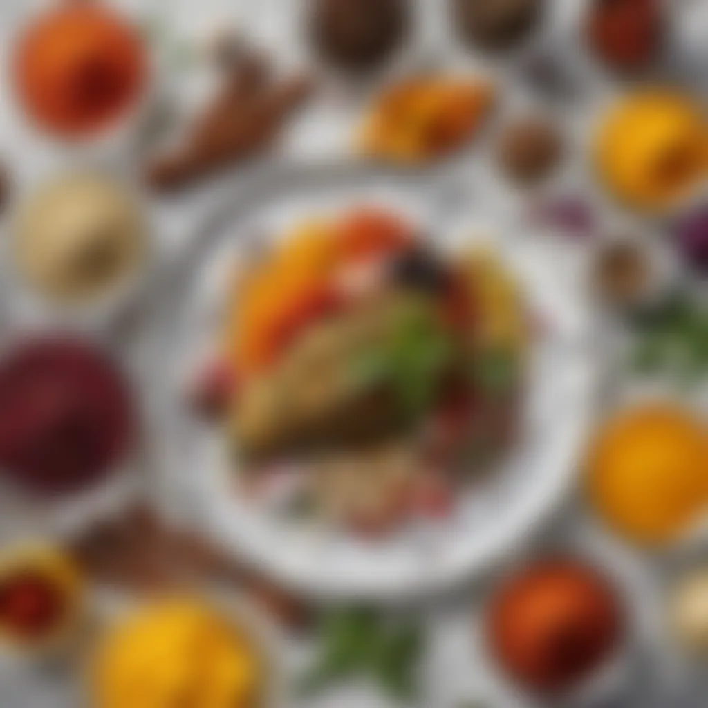 Gastronomic Fusion Ingredients Exotic spices and colorful ingredients arranged artistically on a marble countertop
