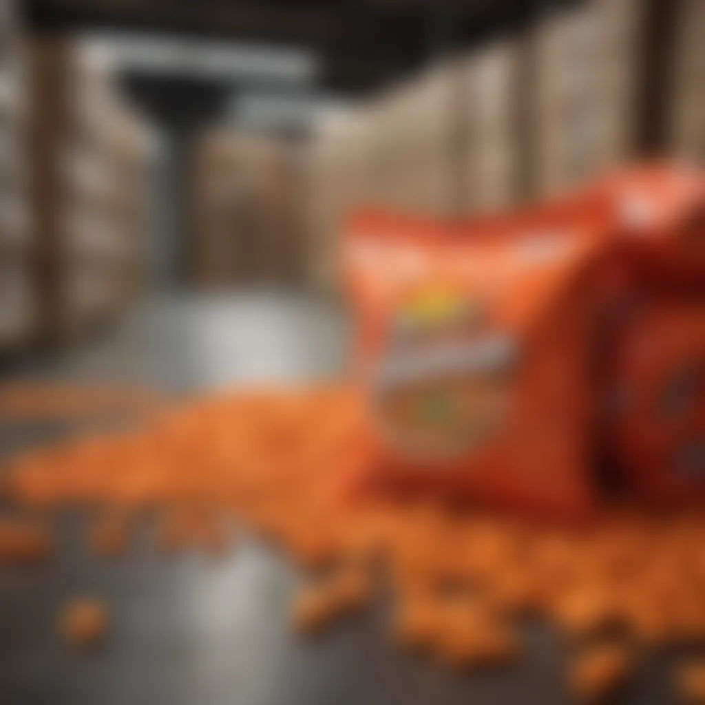 Vibrant display of industrial bags of Hot Cheetos in a warehouse.