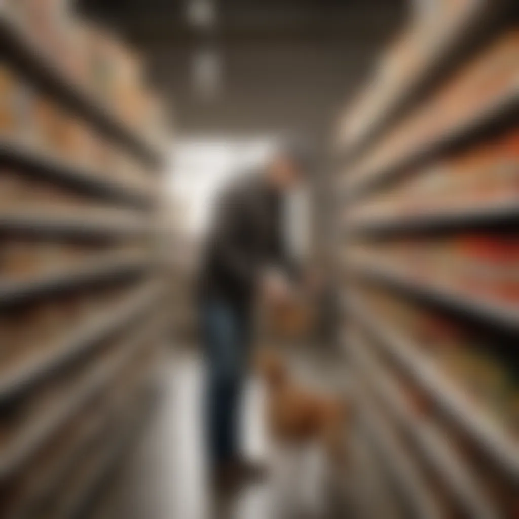 Illustration of a pet owner selecting natural dog food from a store shelf