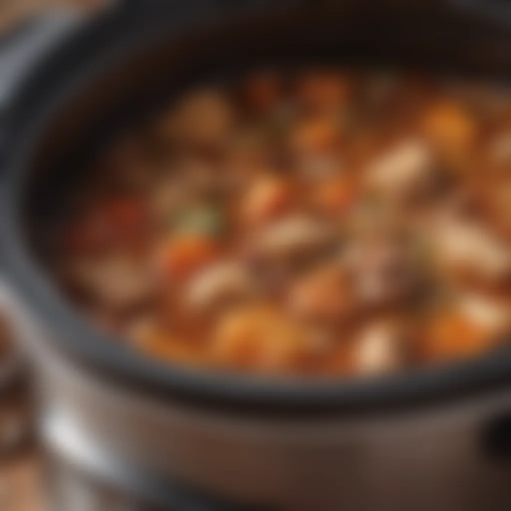 A close-up of a crock pot with a dish simmering inside