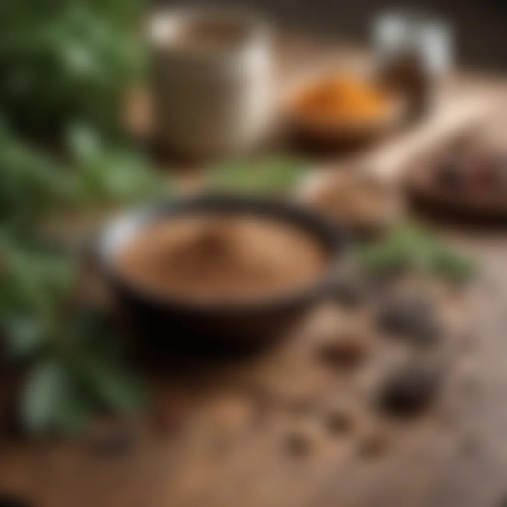 A selection of adaptogenic powders and herbs on a wooden table